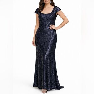 Kay Unger Navy Blue Sequin Cap Sleeve Gown NWOT